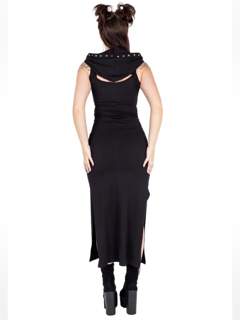 Vixxsin Black Cora Hooded Lace Up Goth Studded Sleeveless Midi Dress Dark Punk - Picture 5 of 14